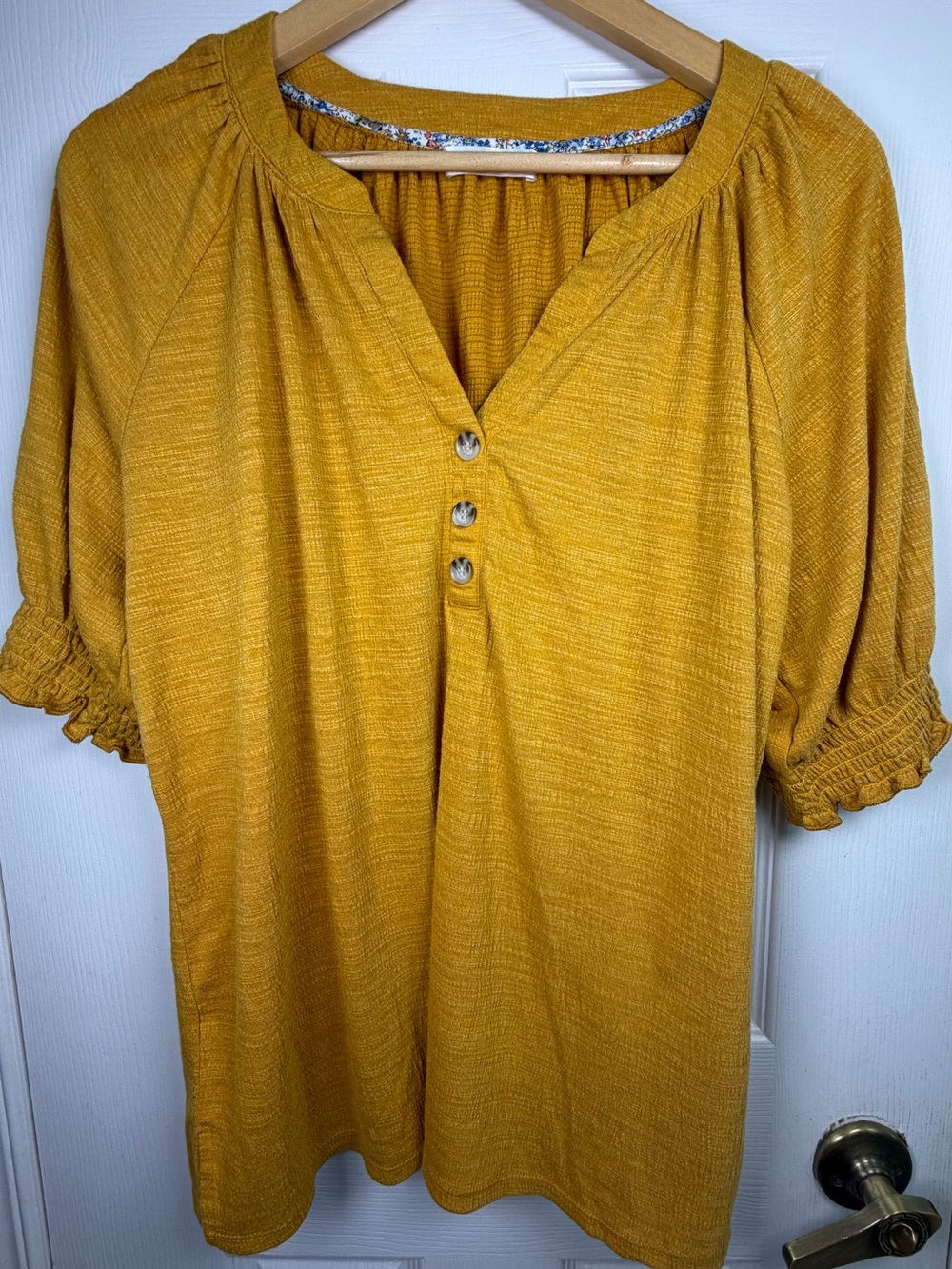 Retrology Mustard Yellow Henley Blouse Women's XL Ruffle Sleeve Boho Cottagecore